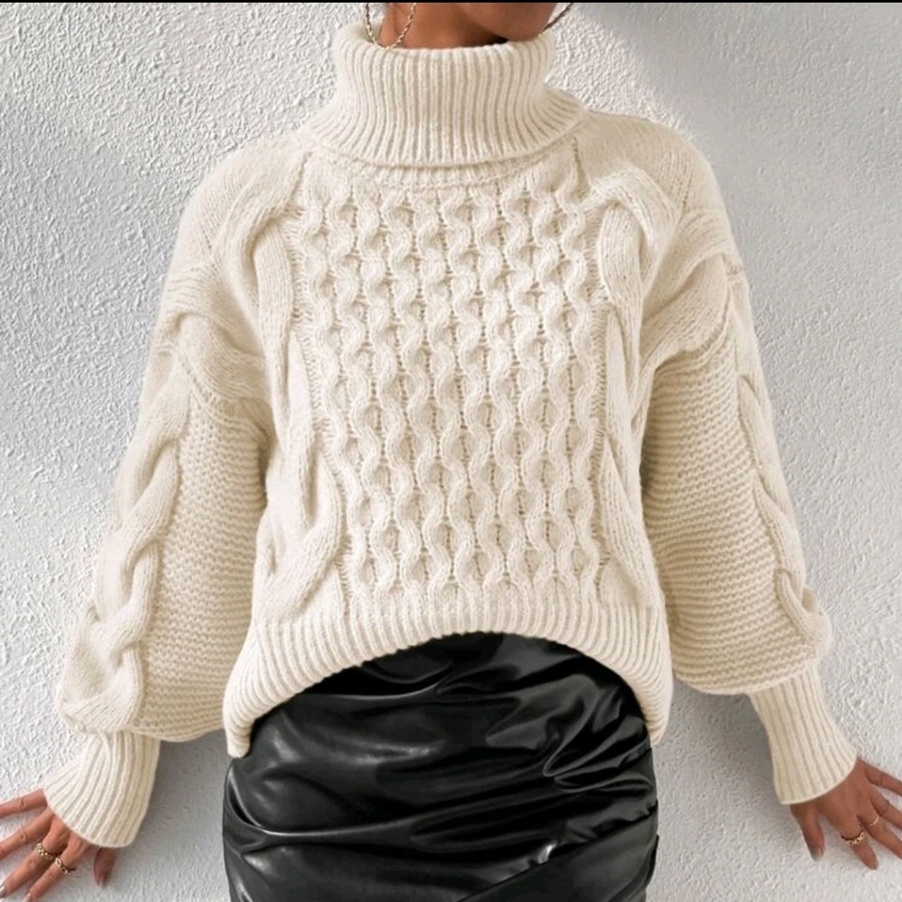 Turtleneck Cable Knit Drop Shoulder Sweater - Picture 2 of 5